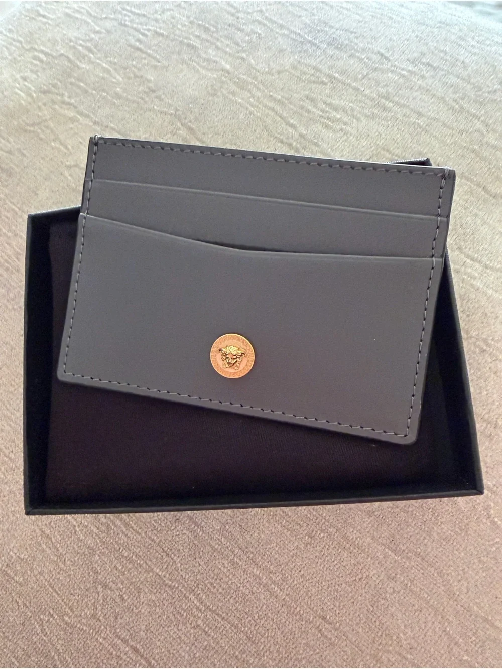 Versace Black Leather Card Holder with Signature Gold Medallion